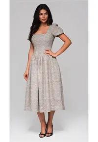 Rochie midi cu maneci bufante si decolteu patrat LA-OM-DLR220 - Gri