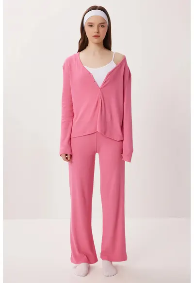 Set pijama - Happiness Istanbul - cardigan lung cu nasturi - decolteu in V - roz - bumbac