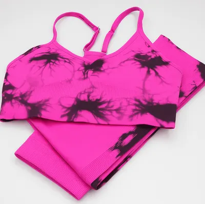 Set pentru Sala Fucsia/Black 2 piese, Colanti si Bustiera, Model Tie-Dye - S, MIX15475-2156