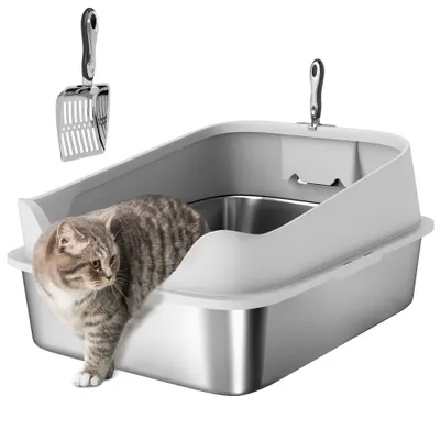 PawHut Arenero pentru Pisici din Oțel Inoxidabil XXL cu Margini Înalte Lopată Ușor de Curățat Test de Scurgeri 70x50x30 cm Gri | Aosom Romania