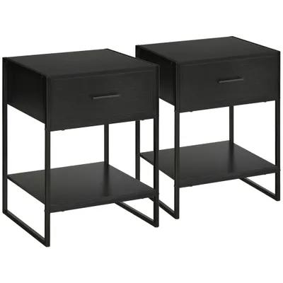 HOMCOM Set din 2 Noptiere Moderne, Noptieră cu Raft și Sertar, Organizatoare de Depozitare pentru Dormitor, Camera de Zi, 45x40x60 cm, Negru | Aosom Romania