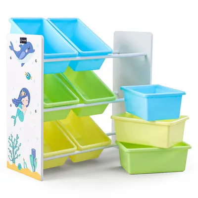 Organizator copii din lemn si MDF Ginger Home Mermaid pentru jucarii cu 9 cutii detasabile din plastic,dimensiuni 62,3x26,5x60 cm,materiale sigure,colturi si margini rotunjite
