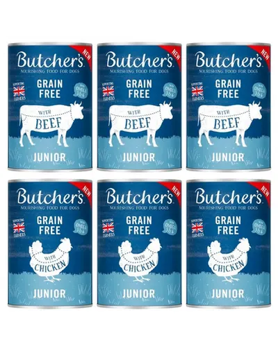 BUTCHER'S Original Junior Mix arome pentru catei 6x400g bucati vita si pui in aspic