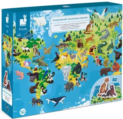 Janod Puzzle din 200 de piese - Animale pe cale de dispariție