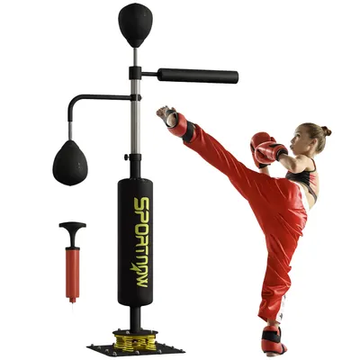 SPORTNOW Stand de box, două mingi de viteză, stâlp de box pivotant, pernă de lovituri, reglabil pe înălțime, Oțel, 107 x 36 x 140-205 cm, negru | Aosom Romania