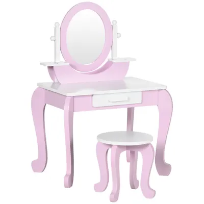ZONEKIZ Set de Toaletă Machiaj, Măsuță de Machiaj cu Oglinzi și Taburet pentru Copii, Vârsta 3-6 Ani, 65,5x46x93 cm, Roz | Aosom Romania
