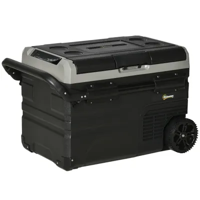 Outsunny Frigider Auto 40L cu Iluminare LED Compresor Frigider Portabil cu Mânere Role de Transport Barcă Călătorii 12/24V DC și 110-240V AC Gri+Negru | Aosom Romania
