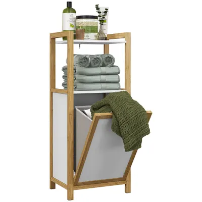 HOMCOM Mobilier pe picioare din bambus coș pentru rufe baie economisire de spațiu, 2 rafturi, dim. 40L x 30l x 86,5H cm | Aosom Romania