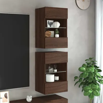 vidaXL Comode de perete cu lumini LED pentru TV, 2 buc. stejar maro, 40x30x60,5cm