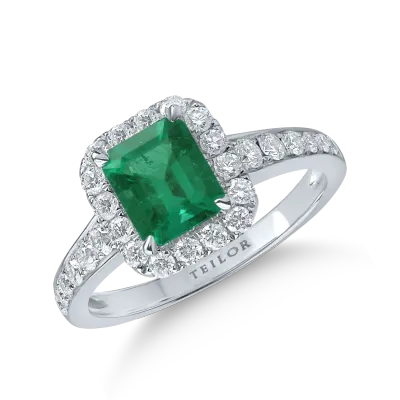 Inel din aur alb cu smarald emerald de 0.14ct si diamante de 0.66ct