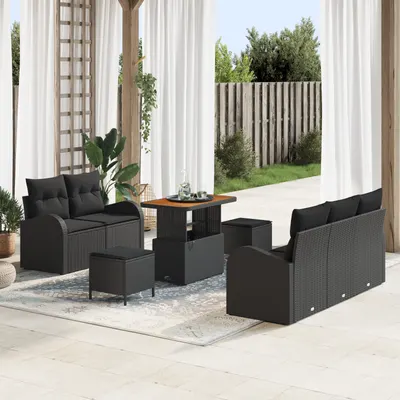 Set canapea gradina Gossi 8 piese cu pernute negru ratan polyal acacia, canapea gradina Gossi 2 locuri cu pernute negru ratan polyal, set masa gradina Gossi 3 piese cu pernute negru ratan polyal acacia