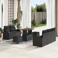 Set canapea gradina Gossi 8 piese cu pernute negru ratan polyal acacia, canapea gradina Gossi 2 locuri cu pernute negru ratan polyal, set masa gradina Gossi 3 piese cu pernute negru ratan polyal acacia