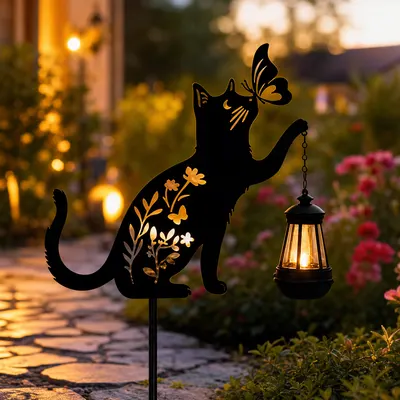 Lampa solara de gradina, decoratiune metalica, Pisica