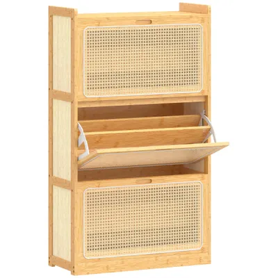 HOMCOM Pantofar Îngust din Bambus cu 3 Sertare Rabatabile din Ratan pentru 18-21 Perechi de Încălțăminte 69x29x119,8 cm Natural | Aosom Romania