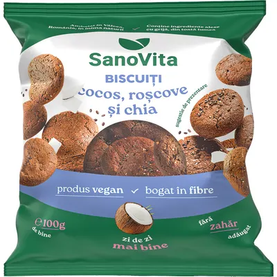 Biscuiti cu Cocos, Roscove si Chia fara Zahar Adaugat 100g