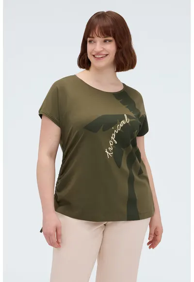 Tricou cu prindere laterale si imprimeu - Verde masliniu