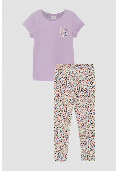 Set de tricou de bumbac cu model si colanti - Verde/Lila/Crem