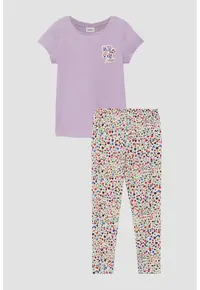 Set de tricou de bumbac cu model si colanti - Verde/Lila/Crem