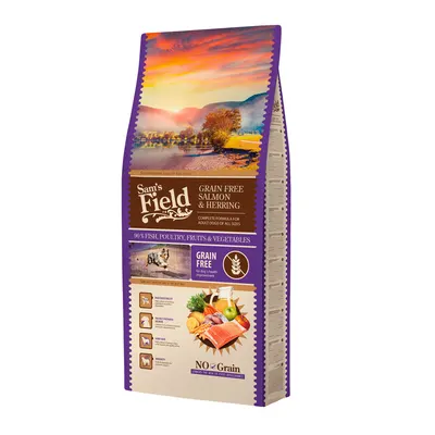 Sam's field adult grain-free salmon & herring, hrana uscata fara cereale, pentru caini adulti, cu somon si herring, 13 kg