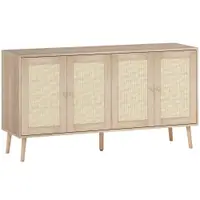 HOMCOM Bufet pentru living, mobilier de depozitare cu uși cu împletitură (cannage) și poliță reglabilă 140 x 40 x 75 cm, aspect lemn natural | Aosom Romania