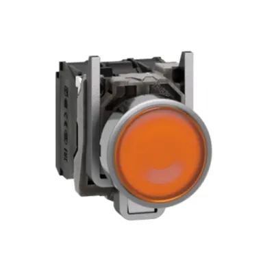 Buton luminos portocaliu, incastrat complet Ø22 cu revenire cu arc 1NO+1NC 24V