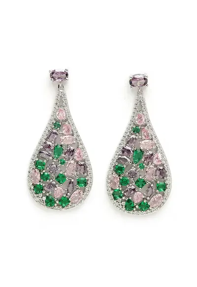 Cercei drop cu design floral si zirconia cubica Elegant - Verde/Argintiu