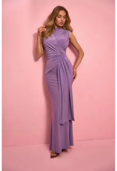 Rochie maxi eleganta cu talie accentuata si drapaj - violet deschis - Violet