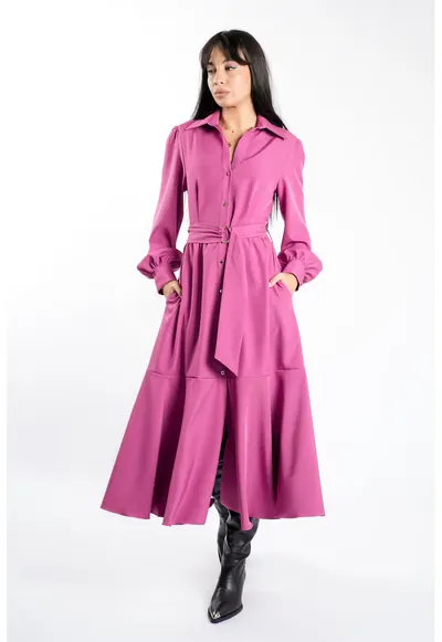Rochie camasa cu buzunare si guler ascutit - Mov