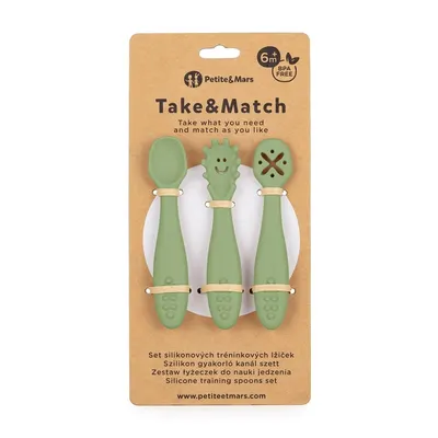 Set 3 lingurite PetiteMars Sweet Pea Verde TakeMatch din silicon, pentru supa, paste, alimente usoare, fara BPA, 6 luni+