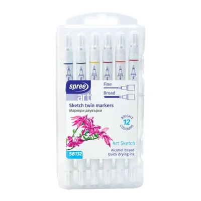 Set 12 Culori Marker 2 Capete, 1 mm + 3 mm, Sketch