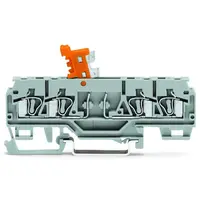 4-conductor disconnect/test terminal block; with pivoting knife disconnect; with test port; for 2 mm and 3 mm Ø test plugs; for DIN-rail 35 x 15 and 35 x 7.5; 2.5 mm²; CAGE CLAMP®; 2,50 mm²; orange