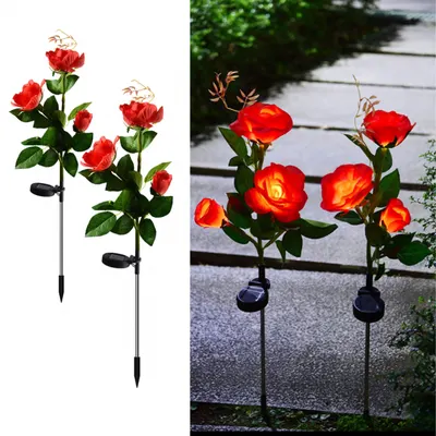Set 2 x Lampa solara Trandafir Rosu, 3 flori LED