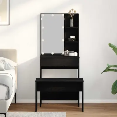 vidaXL Set masă de machiaj cu LED 2 buc. Stejar Negru 60 x 40 x 140 cm
