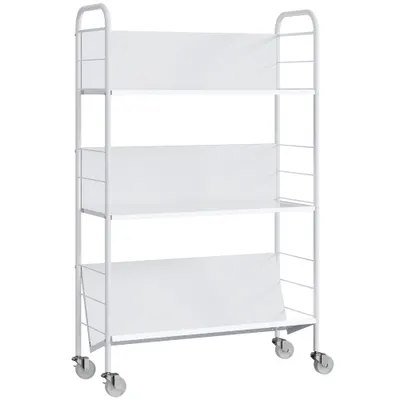 HOMCOM Cărucior Modern pentru Cărți cu 3 Nivele și Roți Pivotante pentru Cărți și Reviste, 69x26x108 cm, Alb | Aosom Romania