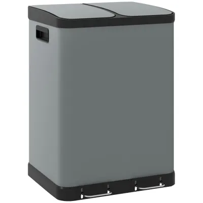 HOMCOM Coș de gunoi dublu, 2 x 30L, rezistent la amprente, Pedală, tăvi interioare detașabile, Gri | Aosom Romania