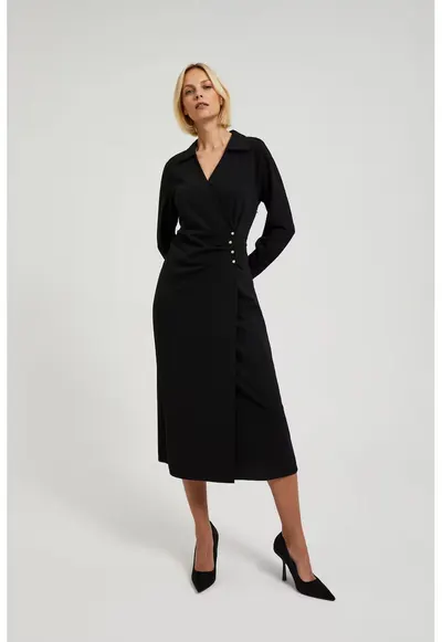 Rochie Midi Neagra cu Butoane Decorative - Negru