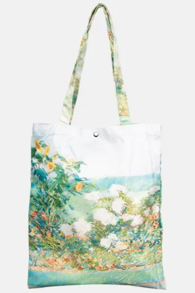 Geanta shopper din material textil satinat, cu imprimeu inspirat din pictura cu un pastel