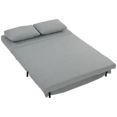 HOMCOM Canapea Extensibilă 2 Persoane 3 în 1 din Material Tip In cu 2 Perne, Cadru din Eucalipt, Gri Deschis | Aosom Romania