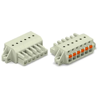 1-conductor female plug; 100% protected against mismating; push-button; clamping collar; 2.5 mm²; Pin spacing 5 mm; 5-pole; 2,50 mm²; light gray