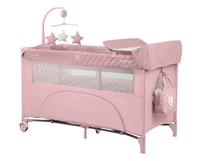 Patut cu doua nivele Kikkaboo Nighty Night Pink pliabil, usita cu fermoar, masuta de infasat, carusel muzical, roti cu frana