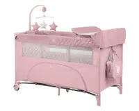 Patut cu doua nivele Kikkaboo Nighty Night Pink pliabil, usita cu fermoar, masuta de infasat, carusel muzical, roti cu frana