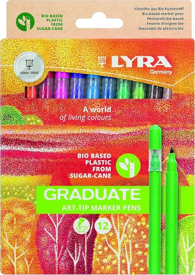 Carioci LYRA Graduate Art Tip 12 culori 1.2 мм, bioplastic, ambalaje din carton