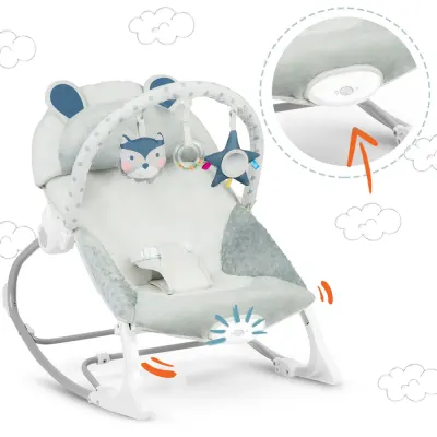 Balansoar multifunctional cu vibratii Ricokids Grey cu pernuta detasabila,arcada cu jucarii fosnaitoare,husa detasabila,baza antiderapanta si centuri de siguranta,pana la 18 kg