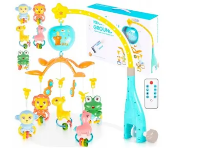 Carusel muzical cu telecomanda pentru patut copii Malplay Apple, cu jucarii si zornaitoare suspendate, dimensiune 50 x 32 x 54 cm