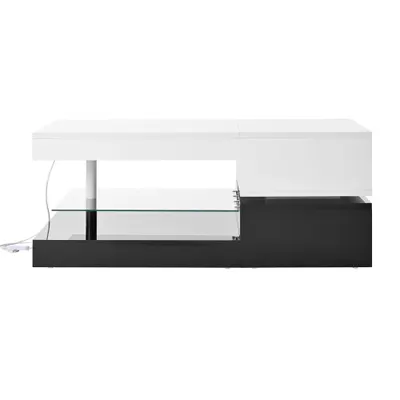 Masă de cafea cu iluminare ambientală LED, poliță din sticlă & finisaj lucios, 90x45x35,5 cm, Alb+Negru