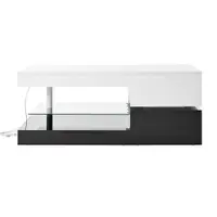 Masă de cafea cu iluminare ambientală LED, poliță din sticlă & finisaj lucios, 90x45x35,5 cm, Alb+Negru