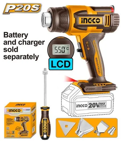 Termosuflanta INGCO HGLI2003, 20V, temperatura reglabila 30-550°C, debit aer 100/200 L/min, afisaj LCD, 3 duze, racleta inclusa, fara acumulator si incarcator