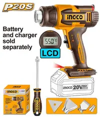 Termosuflanta INGCO HGLI2003, 20V, temperatura reglabila 30-550°C, debit aer 100/200 L/min, afisaj LCD, 3 duze, racleta inclusa, fara acumulator si incarcator