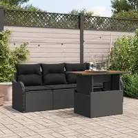 Set de canapele de gradina Gossi 5 piese cu perne negru din ratan poli, canapea de gradina Gossi cu 2 locuri cu depozitare si perne negru din ratan poli