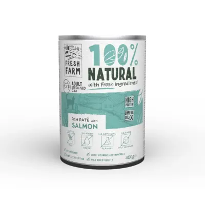 FRESH FARM Smooth Sterilised, Somon, conservă hrană umedă pisici sterilizate, (pate), 400g